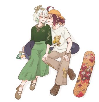 2girls ahoge arm_around_another's_back backwards_hat black_tail blonde_hair blush boots braid brown_boots brown_hair brown_pants brown_shoes cecilia_immergreen character_print closed_eyes commentary drop_shadow english_commentary facing_another fang full_body fuyuu_seibutsu gigi_murin green_pants green_shirt green_skirt grem_(gigi_murin) hand_on_another's_knee hand_on_own_knee hat high-waist_pants highres hololive hololive_english medium_hair multicolored_hair multiple_girls open_mouth orange_hat otomo_(cecilia_immergreen) pants peaked_cap print_shirt shirt shoes short_hair short_twintails side_braid sitting skateboard skirt smile tail tail_wrap twintails two-tone_hair virtual_youtuber white_background white_hair yuri