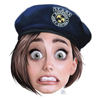 1girl 2020 absurdres beret blue_hat brown_hair cameronmark clenched_teeth green_eyes hat highres jill_valentine looking_at_viewer resident_evil resident_evil_1 short_hair signature simple_background teeth white_background wide-eyed