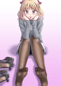 1girl :p blonde_hair blue_eyes blush bow feet hair_bow highres long_hair looking_at_viewer natorigon panties panties_under_pantyhose pantyhose pantyshot shoes soles toes tongue tongue_out underwear unworn_shoes