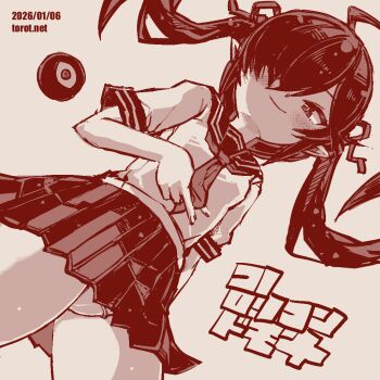 1girl ahoge backbeako_(torotei) backbeard between_fingers blush closed_mouth commentary cowboy_shot dated dated_commentary dutch_angle gegege_no_kitarou hair_over_one_eye hair_ribbon holding kono_lolicon_domome long_hair looking_at_viewer miniskirt monochrome necktie original paid_reward_available panties pantyshot pleated_skirt pointy_ears red_theme ribbon sailor_collar sailor_shirt school_uniform serafuku shirt short_sleeves simple_background skirt smile solo torotei translated twintails underwear v watermark web_address