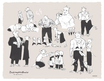 1girl 4boys animal_feet bird_boy bird_girl brown_background child claws coat eagle_boy family feathers furry furry_female furry_male multiple_boys multiple_views nagabe original simple_background skirt tail