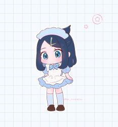Rule 34 | 1girl, alternate costume, apron, black hair, blue bow, blue bowtie, blue dress, bow, bowtie, brown footwear, chibi, closed mouth, commentary request, cowlick, creatures (company), dress, eyelashes, game freak, grid background, hair ornament, hairclip, headdress, highres, liko (pokemon), looking down, nintendo, pokemon, pokemon (anime), pokemon horizons, rei hinketsu, shoes, short sleeves, socks, solo, standing, star (symbol), twitter username, white apron