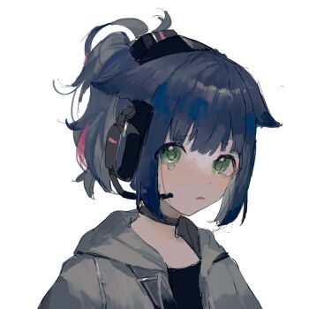 1girl animal_ears arknights black_shirt blue_hair cat_ears cat_girl chinese_commentary choker commentary_request dark_blue_hair green_eyes grey_choker grey_jacket headset highres hood hood_down hooded_jacket jacket jessica_(arknights) open_clothes open_jacket open_mouth ponytail portrait shirt short_hair simple_background sketch solo tearing_up vihua6 white_background