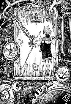 Rule 34 | 1girl, absurdres, analog clock, ange katrina, ange katrina (1st costume), ankle boots, boots, clock, coat, commentary request, crosshatching, from behind, full body, gears, greyscale, hatching (texture), hexagram, highres, linear hatching, machine, medium hair, monochrome, nijisanji, off shoulder, pressure gauge, shou-star, solo, standing, virtual youtuber