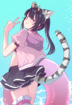 1boy absurdres animal_ear_fluff animal_ears arusuko bikini bikini_skirt black_bikini black_hair blue_background blunt_bangs cho_kaguya-hime! closed_mouth commentary_request cowboy_shot crossdressing crossdressing_(mtf) frilled_thigh_strap from_behind highres holding holding_swim_ring hood hood_down innertube jacket komazawa_noi long_hair looking_at_viewer looking_back male_focus multicolored_hair official_alternate_costume pink_eyes pink_jacket smile solo standing streaked_hair swim_ring swimsuit tail thigh_strap tiger_ears tiger_tail trap twintails v