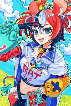 1girl animal_ear_fluff animal_ears asymmetrical_sleeves black_gloves black_hair black_streaks blue_eyes bow breasts brooch cape cheese choker cloak cloud commentary detached_sleeves dice dice_hair_ornament double-parted_bangs enigmatic_recollection field food gloves hair_between_eyes hair_ornament hakos_baelz hakos_baelz_(1st_costume) highres holding holding_dice hololive hololive_english jewelry key looking_at_viewer medium_breasts midriff mouse_ears mouse_tail mr._squeaks_(hakos_baelz) multicolored_hair multicolored_skirt navel open_mouth red_hair seekorplatypus sharp_teeth single_glove skirt sky spiked_choker spikes standing tail tail_bow tail_ornament teeth thigh_strap twintails two-sided_cloak two-sided_fabric uneven_twintails virtual_youtuber white_cloak white_hair