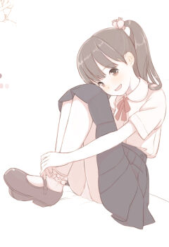 Rule 34 | 1girl, ankle socks, blush, bow, bowtie, brown eyes, brown hair, collared shirt, commentary request, full body, hands on own legs, kokudou juunigou, looking at viewer, open mouth, original, panties, parted bangs, pleated skirt, ponytail, red bow, red bowtie, school uniform, shirt, shoes, short hair, simple background, sitting, skirt, smile, socks, solo, thighs, underwear, uwabaki, white background, white panties, white shirt, white socks