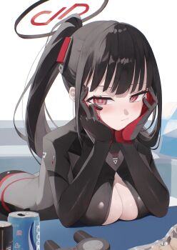 1girl 200f_(nifu) absurdres ass black_bodysuit black_hair black_halo blue_archive blunt_bangs blush bodysuit breast_rest breasts bright_pupils can cleavage closed_mouth commentary controller drink_can elbow_rest game_controller hair_ornament halo hands_on_own_cheeks hands_on_own_face highres impossible_bodysuit impossible_clothes large_breasts latex latex_bodysuit long_hair looking_at_viewer multicolored_halo official_alternate_costume official_alternate_hairstyle open_bodysuit open_clothes partially_unzipped ponytail red_eyes ringed_eyes rio_(armed)_(blue_archive) rio_(blue_archive) sidelocks skin_tight solo standing two-tone_halo very_long_hair white_pupils