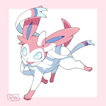 animal_focus artist_name blue_sclera border bow bowtie closed_mouth colored_sclera ear_bow full_body gen_6_pokemon highres hime_takeo looking_back neck_ribbon nintendo no_humans outside_border pink_border pink_bow pink_bowtie pokemon pokemon_(creature) ribbon sideways_glance signature simple_background solo standing sylveon walking white_background white_eyes white_ribbon