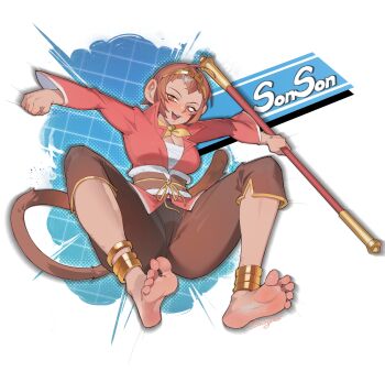 animal_ears anklet ascot barefoot bo_staff brown_hair brown_pants character_name chinese_clothes crown gold_anklet highres jumping marvel_vs._capcom marvel_vs._capcom_2 monkey_ears monkey_girl monkey_tail open_mouth pants red_shirt sarashi shirt short_hair signature sin_(sintrybest) smile soles sonson tail toes yellow_ascot