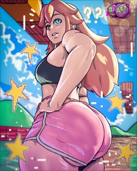 1girl ? alternate_costume ass blonde_hair blue_eyes breasts d-art dolphin_shorts from_side hand_on_own_hip highres huge_ass long_hair mario_(series) medium_breasts nintendo parted_lips pink_shirt princess_peach shirt short_shorts shorts sky solo sports_bra star_(symbol) super_mario_bros._1 thick_thighs thighs
