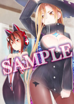 animal_ear_headphones animal_ears blonde_hair breast_envy breasts cat_ear_headphones cat_ears chest_jewel choker cosplay costume_switch fake_animal_ears hat headphones inti_creates large_breasts leggings leotard majogami maxi_(majogami) mole mole_under_eye official_art red_eyes red_hair shiroha_(majogami) small_breasts sweat witch_hat yellow_eyes