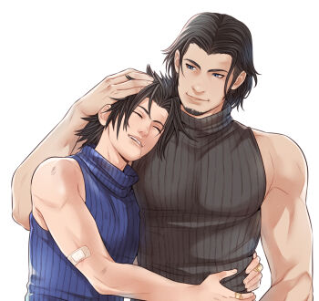2boys angeal_hewley bare_shoulders black_hair black_sweater blue_eyes blue_sweater closed_eyes crisis_core:_final_fantasy_vii crylin6 drooling facial_hair final_fantasy final_fantasy_vii hand_on_another&#039;s_head hug leaning_on_person male_focus multiple_boys ribbed_sweater saliva short_hair sleeping spiked_hair sweater upper_body white_background zack_fair