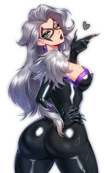 1girl ass black_bodysuit black_cat_(marvel) black_gloves black_lips black_mask blowing_kiss bodysuit breasts clawed_gloves commentary cowboy_shot domino_mask english_commentary eye_mask eyeshadow felicia_hardy from_behind fur-trimmed_bodysuit fur_trim gloves green_eyes grey_hair hand_on_own_hip heart highres latex latex_bodysuit lipstick long_hair looking_at_viewer looking_back makeup marvel marvel_rivals mask one_eye_closed puckered_lips simple_background solo spider-man_(series) standing w33ping_cat watermark white_background