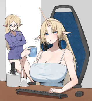 2girls alternate_costume bare_shoulders blonde_hair blue_camisole blue_eyes blush breasts camisole cartethyia_(wuthering_waves) chair cleavage commentary computer_keyboard computer_mouse crossed_arms cup desk dr_octojuice earrings fleurdelys_(wuthering_waves) floating_earrings headphones headphones_around_neck holding holding_cup horns jewelry large_breasts long_hair long_horns microphone mug multiple_girls pointy_ears purple_shirt semi-rimless_eyewear shirt single_horn sitting standing symbol-only_commentary wuthering_waves yellow_horns