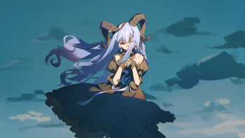 1girl absurdres arknights bang_dream! bang_dream!_it&#039;s_mygo!!!!! black_dress black_gloves black_horns black_ribbon blue_hair blue_sky chinese_commentary cloud commentary_request cowboy_shot curled_horns detached_collar dress earrings floating_clothes floating_hair frilled_dress frills gloves hair_ribbon hands_up highres horns jewelry long_hair looking_at_viewer outdoors own_hands_together ribbon sidelocks sky solo standing sylvia_(huajiuhuajiu) togawa_sakiko togawa_sakiko_(master_of_melodia) two_side_up wind wrist_cuffs