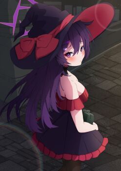 1girl alternate_costume black_dress blue_archive blush breasts choker commentary dress frilled_dress frills hair_ornament hairpin halo haruka_(blue_archive) hat hat_ribbon highres holding lace lace_choker large_hat lens_flare long_hair looking_at_viewer looking_to_the_side medium_breasts purple_eyes purple_hair purple_halo red_ribbon relief_07 ribbon sideways_glance solo strapless strapless_dress witch_hat