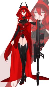 1girl alternate_costume anti-materiel_rifle commentary_request full_body goddess_of_victory:_nikke gun highres holding holding_gun holding_weapon horns mechanical_horns red_hair red_hood red_hood_(nikke) rifle sakael sniper_rifle solo torn_hood weapon yellow_eyes