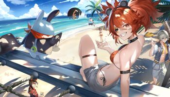 3boys 3girls absurdres alternate_costume alternate_hairstyle animal_ear_hairband animal_ears anton_ivanov arm_strap bangboo_(zenless_zone_zero) beach bear_boy bear_ear_hairband bear_ears belle_(summer_skies)_(zenless_zone_zero) belle_(zenless_zone_zero) ben_bigger bikini bikini_under_clothes bikini_bottom_under_shorts black_choker black_hair black_hat blue_hair blue_sky breasts brown_eyes choker commentary derby_(dabidabi) eous_(zenless_zone_zero) eyepatch fake_animal_ears fish_hat grace_howard green_eyes grey_hair grey_shorts grin hairband hat highres jacket koleda_belobog looking_at_viewer multicolored_bikini multicolored_hair multiple_boys multiple_girls no_headwear ocean official_alternate_costume open_clothes open_jacket orange_shorts outdoors palm_tree red_eyes red_hair sand sharp_teeth shirt shorts side-tie_bikini_bottom sitting sky small_breasts smile standing swimsuit teeth thigh_strap tied_shirt towel towel_around_neck tree unworn_hat unworn_headwear waving wise_(peaceful_waves)_(zenless_zone_zero) wise_(zenless_zone_zero) zenless_zone_zero