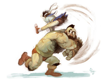 Rule 34 | 1boy, 1girl, battle, beard, bike shorts, blue skirt, chest hair, dodging, duel, facial hair, garrett hanna, headband, jumping, kasugano sakura, muscular, muscular male, school uniform, serafuku, shirt, skirt, street fighter, topless male, white headband, white shirt, zangief