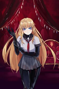 1girl absurdres black_bodysuit blonde_hair blue_eyes bodysuit bodysuit_under_clothes bondage_outfit cookieblade dress gloves highres latex latex_bodysuit latex_gloves latex_legwear long_hair looking_at_viewer original pleated_skirt sailor_collar school_uniform serafuku shiny_clothes shirt short_sleeves skin_tight skirt smile solo white_shirt