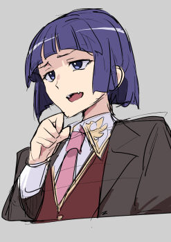 1boy blue_eyes blunt_bangs blunt_ends brown_jacket buttons collared_shirt commentary commentary_request confused cropped_torso fangs grey_background hand_up highres hime_cut jacket lapels long28 looking_afar necktie notched_lapels open_mouth partial_commentary pink_necktie purple_hair shirt short_hair sketch solo umineko_no_naku_koro_ni virgilius_(umineko) white_shirt