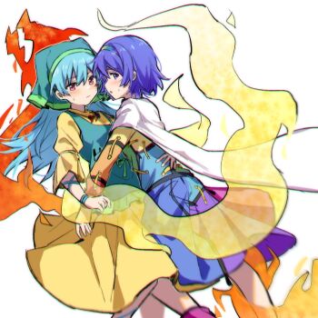 2girls apron arm_around_waist arm_ribbon blue_eyes blue_hair blush cloak commentary_request dress dutch_angle feet_out_of_frame frilled_apron frills green_apron green_headscarf hairband haniyasushin_keiki headscarf jewelry long_hair long_sleeves magatama magatama_necklace maisuiren multicolored_dress multicolored_hairband multiple_girls necklace patchwork_clothes pink_eyes profile puffy_sleeves purple_eyes purple_hair rainbow_gradient rainbow_hairband ribbon short_hair sideways_glance simple_background single_strap small_sweatdrop tenkyuu_chimata touhou white_background white_cloak yellow_dress yuri