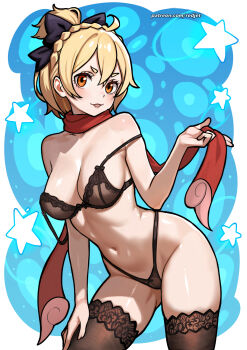 1girl alternate_breast_size_(larger) black_bow blonde_hair bow bra breasts brown_bra brown_thighhighs cleavage collarbone commentary_request felt_(re:zero) hair_bow highres looking_at_viewer medium_breasts navel orange_eyes patreon_username re:zero_kara_hajimeru_isekai_seikatsu red_scarf redjet scarf short_hair solo star_(symbol) thighhighs underwear underwear_only