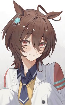 Rule 34 | 1girl, absurdres, agnes tachyon (tach-nology) (umamusume), agnes tachyon (umamusume), ahoge, animal ears, blue necktie, blue shirt, blush, brown hair, closed mouth, coat, collared shirt, commentary, eikusumo, hair between eyes, highres, horse ears, horse girl, looking at viewer, necktie, red eyes, shirt, short hair, sleeves past fingers, sleeves past wrists, smile, solo, sweater, umamusume, white coat, wolf cut, yellow sweater