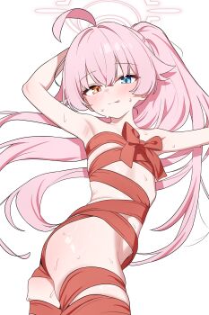1girl absurdres ahoge arm_up armpits blue_archive bound commentary_request halo heterochromia highres hoshino_(blue_archive) huge_ahoge long_hair looking_at_viewer naked_ribbon pink_hair pink_halo ponytail red_ribbon ribbon ribbon_bondage saho_4545 solo sweat wrapped_up