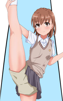 1girl blue_background brown_eyes brown_hair brown_sweater_vest closed_mouth collared_shirt commentary_request flexible grey_skirt hair_ornament hairpin highres holding_own_leg leg_lift looking_at_viewer medium_hair miniskirt misaka_mikoto pleated_skirt school_emblem school_uniform shirt short_sleeves shorts shorts_under_skirt simple_background skirt smile solo split standing standing_on_one_leg standing_split summer_uniform sweater_vest tabu_(tabu_01) toaru_kagaku_no_railgun toaru_majutsu_no_index tokiwadai_school_uniform two-tone_background v-neck white_shirt