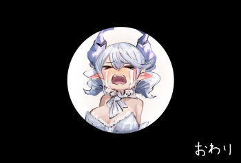 1girl breasts cleavage crying demon_girl demon_horns dress duel_monster ending grey_eyes grey_hair hatano_kiyoshi horns iris_shot large_breasts lovely_labrynth_of_the_silver_castle marcille_crying_(meme) meme solo tears white_dress yu-gi-oh!