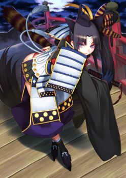 1girl armor ass black_hair black_sleeves black_socks blue_eyes blue_gloves bridge circlet closed_mouth clothing_cutout crossed_ankles curtained_hair expressionless eyeshadow fate/grand_order fate_(series) feather_hair_ornament feathers from_above full_body full_moon geta gloves hair_ornament hand_on_hilt hat high_ponytail japanese_armor kusazuri leaning_forward long_hair long_sleeves looking_at_viewer makeup moon night official_art outdoors panties pants pom_pom_(clothes) ponytail purple_pants red_eyeshadow red_panties sakamoto_mineji sheath sheathed shoulder_armor side_ponytail sidelocks socks sode solo standing tassel tate_eboshi thigh_cutout third-party_source underwear ushiwakamaru_(fate) ushiwakamaru_(third_ascension)_(fate) v-shaped_eyebrows very_long_hair water wide_sleeves