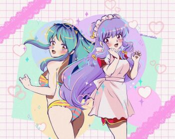 2girls apron bra chinese_clothes green_hair horns lum multiple_girls oni purple_hair ranma_1/2 shampoo_(ranma_1/2) striped_bra striped_clothes underwear urusei_yatsura white_apron