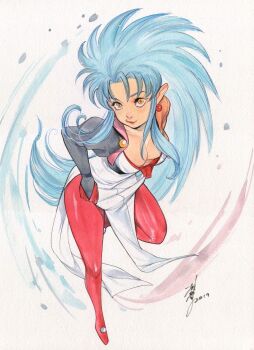 1girl big_hair black_jacket black_sash blue_hair breasts cleavage cropped_jacket dated dress earrings highres jacket jewelry lips long_hair medium_breasts multicolored_dress multicolored_jacket orange_jacket pantyhose peach_momoko pointy_ears red_dress red_pantyhose ryouko_(tenchi_muyou!) sash signature simple_background solo tenchi_muyou! traditional_media two-tone_jacket white_background white_dress yellow_eyes