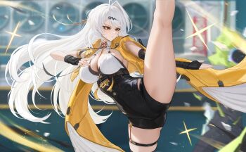 1girl absurdres black_gloves black_sleeves black_unitard blurry blurry_background breasts closed_mouth ethereal_(zenless_zone_zero) fingerless_gloves gloves heine_(haloo1101) high-waist_shorts highres jacket large_breasts light_particles long_hair looking_ahead outdoors shorts single_hair_intake single_sleeve solo split standing standing_on_one_leg standing_split thighs white_hair yellow_eyes yellow_jacket yin_yang_pin yixuan_(zenless_zone_zero) zenless_zone_zero