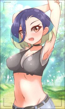 1girl aqua_hair armpits arms_up blue_hair blue_pants breasts brown_eyes cropped_shirt day denim eyelashes female_focus forest green_hair grey_shirt highres looking_at_viewer medium_breasts medium_hair midriff multicolored_hair nature nintendo open_mouth outdoors pants perrin_(pokemon) pokemon pokemon_sv shirt sleeveless sleeveless_shirt solo tree upper_body viewfinder white_shirt yuzukiaz