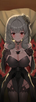 1girl :q absurdres azur_lane black_dress black_gem blush breast_suppress breasts brown_background brown_thighhighs choker cleavage closed_mouth dress floral_print garter_straps gem grey_hair hat highres iv_(iv70311741) long_dress looking_at_viewer luetzow_(azur_lane) luetzow_(everlasting_blood_banquet)_(azur_lane) medium_hair mini_hat nail_polish official_alternate_costume red_eyes red_nails side_slit smile solo thighhighs tongue tongue_out wide_sleeves