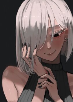 1girl absurdres aegyo_sal alternate_costume bare_shoulders black_background black_eyes black_nails black_sweater blunt_ends bob_cut closed_mouth collarbone earrings eyelashes fiona_frost hair_over_one_eye hand_on_own_cheek hand_on_own_face head_tilt highres jewelry long_bangs nail_polish portrait ribbed_sweater ring short_hair sleeveless sleeveless_sweater sleeveless_turtleneck smile solo spy_x_family stud_earrings sweater tomj turtleneck turtleneck_sweater wedding_ring white_background white_hair