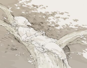 1boy animal_feet animal_hands bird_boy brown_theme claws closed_eyes commentary_request full_body furry furry_male lying male_focus monochrome nagabe on_back original outdoors own_hands_together scar scar_across_eye scar_on_face shirt sleeping solo