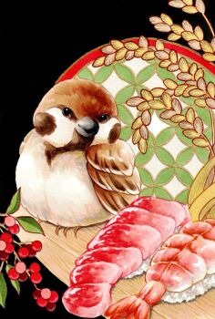 animal animal_focus berry bird black_background eurasian_tree_sparrow food highres kis-dragon-0924 marker_(medium) no_humans original rice shrimp sparrow sushi traditional_media wheat