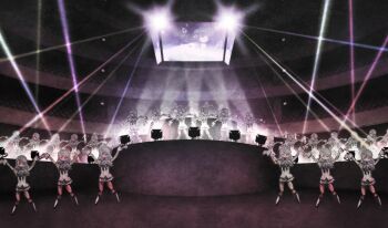 6+girls arms_up black_bow black_bowtie black_shoes black_skirt black_socks bow bowtie collared_shirt colored_skin dancing doll_joints familiar_(madoka_magica) grey_hair highres joints juliet_sleeves klarissa_(madoka_magica) kneehighs long_hair long_sleeves mahou_shoujo_madoka_magica mahou_shoujo_madoka_magica_magia_exedra miniskirt mitakihara_school_uniform multiple_girls puffy_sleeves red_skin school_uniform shirt shoes skirt socks stage stage_lights wavy_hair witch&#039;s_labyrinth yellow_shirt