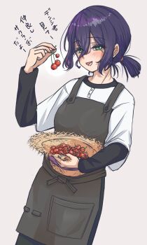 1girl akatsuki_(akatsukinotsuki) apron black_apron chainsaw_man cherry food fruit green_eyes grey_background hair_between_eyes hat highres holding holding_unworn_clothes holding_unworn_hat light_blush open_mouth ponytail purple_hair reze_(chainsaw_man) shirt short_ponytail solo straw_hat translation_request unworn_hat unworn_headwear white_shirt