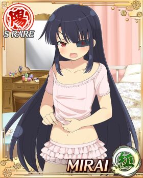 1girl bedroom black_hair blush border camisole card_(medium) changing_clothes character_name desk eyepatch fang flat_chest frilled_panties frills game_cg indoors long_hair looking_at_viewer mirai_(senran_kagura) mirror mitsudomoe_(shape) navel official_art panties pink_camisole pink_panties red_eyes senran_kagura senran_kagura_new_wave solo tomoe_(symbol) underwear underwear_only