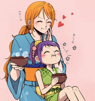 2girls bare_shoulders blue_kimono blush blush_stickers child closed_eyes closed_mouth eating floral_print floral_print_kimono flower food_in_mouth green_kimono hand_on_own_cheek hand_on_own_face happy heart high_ponytail highres holding japanese_clothes kimono knees_up kurozumi_tama long_hair low_ponytail m_(user_gjgn8588) multiple_girls nami_(one_piece) nami_(one_piece)_(wano) obi one_piece orange_hair orange_sash pink_background ponytail print_kimono purple_hair sash simple_background sitting sitting_on_lap sitting_on_person sleeveless sleeveless_kimono smile wavy_hair wide_sleeves yellow_sash