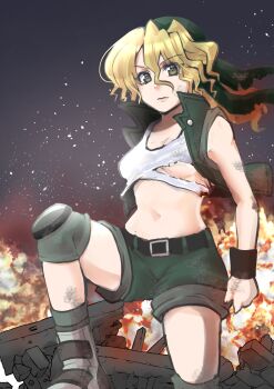 1girl bandana belt blonde_hair blood_on_clothes boots breasts brown_eyes crop_top cropped_vest dirty explosion female_focus fire green_bandana green_shorts green_vest hair_between_eyes highres kasamoto_eri knee_pads long_hair looking_at_viewer metal_slug midriff narumi_kyousuke navel night no_bra outdoors paid_reward_available revealing_clothes shirt shorts small_breasts snk solo torn_clothes torn_shirt underboob vest white_shirt wreckage wristband