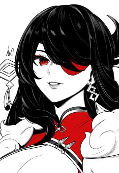 1girl absurdres alternate_breast_size_(larger) beidou_(genshin_impact) breasts chinese_clothes cleavage cleavage_cutout clothing_cutout colored_eyepatch commentary earrings english_commentary eyeliner eyepatch genshin_impact greyscale hair_ornament hair_over_one_eye hair_stick highres huge_breasts jewelry lughost makeup monochrome parted_lips portrait red_eyeliner red_eyes signature smile solo spot_color