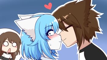 Rule 34 | 1boy, 2girls, animal ears, blue hair, blush, brown hair, chibi, chibi inset, closed mouth, colored skin, commentary, emirichu (character), english commentary, gradient background, heart, highres, imminent kiss, indie virtual youtuber, jordan sweeto, multiple girls, nervous sweating, nose blush, o o, open mouth, short hair, small sweatdrop, sweat, virtual youtuber, wide-eyed, wolf boy, wolf ears, wolf girl, wolfychu, wolfychu (artist)
