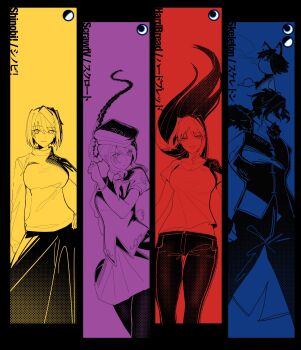 2boys 3girls :d animal_ear_fluff animal_ears aozaki_aoko arcueid_brunestud arm_behind_back ascot atlas_academy_uniform beret braid braided_ponytail breasts cat_boy cat_ears chibi chibi_inset cigarette commentary denim english_commentary fingerless_gloves floating_clothes floating_hair gloves hair_between_eyes hair_intakes hand_on_own_hip hat highres holding holding_cigarette jeans kishima_kouma long_hair looking_at_viewer looking_to_the_side melty_blood monochrome multiple_boys multiple_girls muscular muscular_male neco-arc_chaos open_mouth pants ponytail shirt short_hair sion_eltnam_(type-moon) sion_eltnam_atlasia sitkosep skirt sleeveless sleeveless_shirt smile smoking sweater tsukihime turtleneck turtleneck_sweater wavy_hair