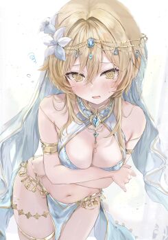 1girl @_@ alternate_costume arms_under_breasts bare_shoulders blonde_hair blue_gemstone blue_loincloth blush breasts cleavage commentary dancer fingernails flower gem genshin_impact hair_between_eyes hair_flower hair_ornament harem_outfit hashtag-only_commentary highres leaning_forward loincloth looking_at_viewer lumine_(genshin_impact) maruro medium_breasts navel open_mouth short_hair_with_long_locks solo stomach white_flower yellow_eyes